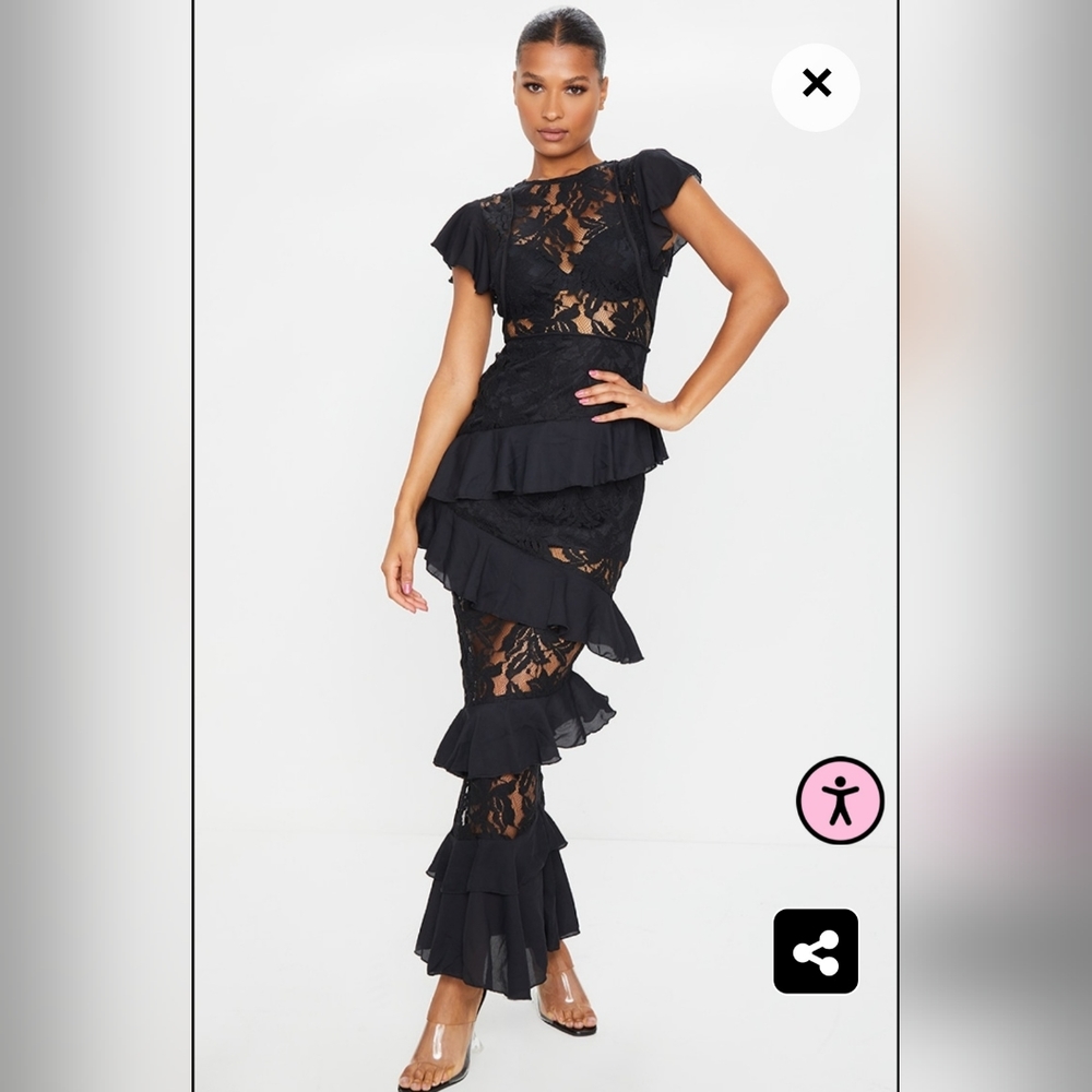 Black long lace maxi ruffle dress - Picture 1 of 2
